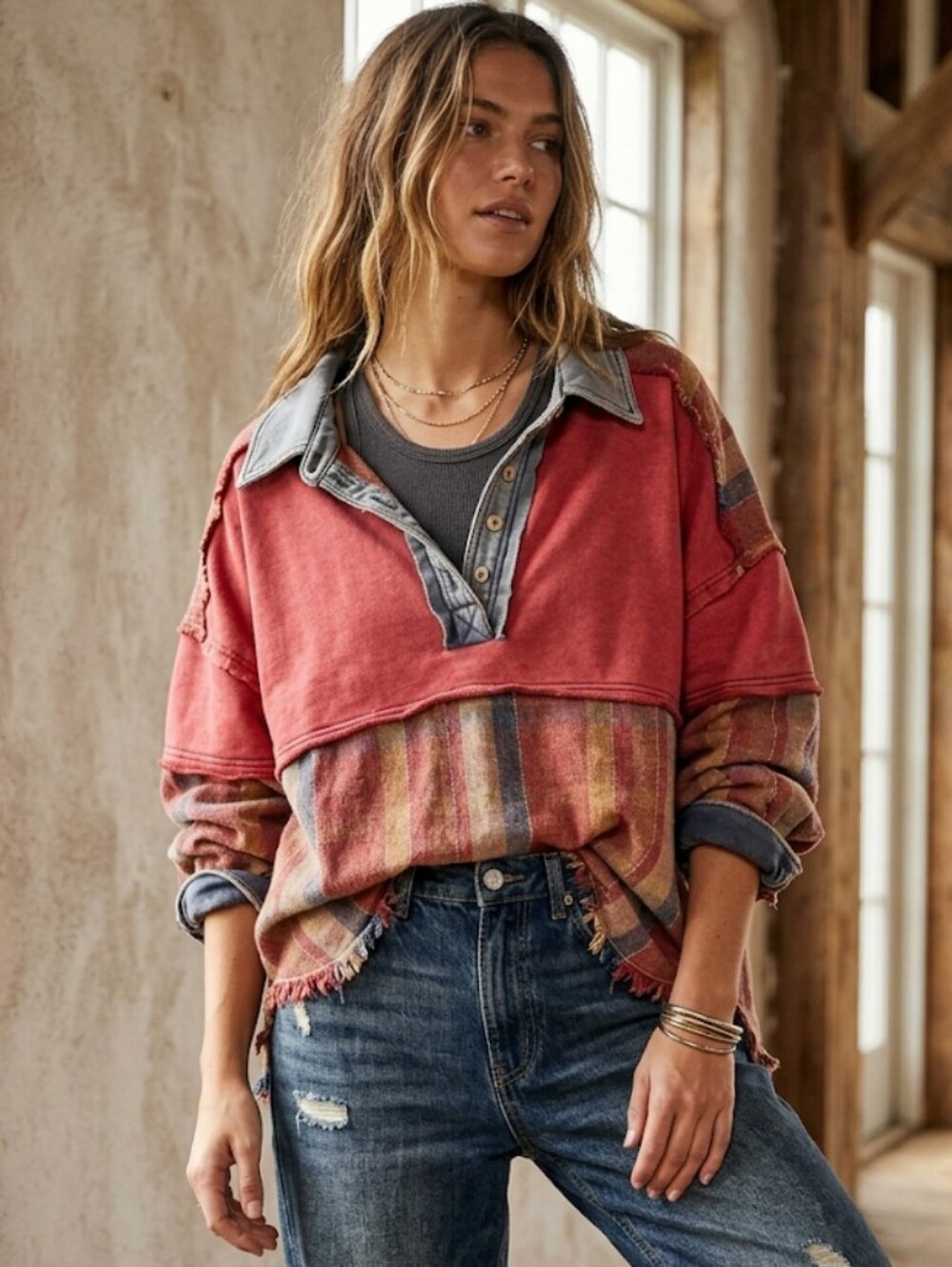 Oli & Hali Patchwork Plaid Sweatshirt Pullover Medium Oversized Frayed Raw Hem